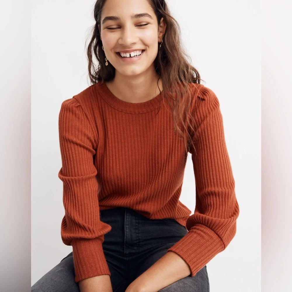 Madewell Brushed Rib Pleat-Sleeve Top Afterglow Red XXS - Picture 4 of 5